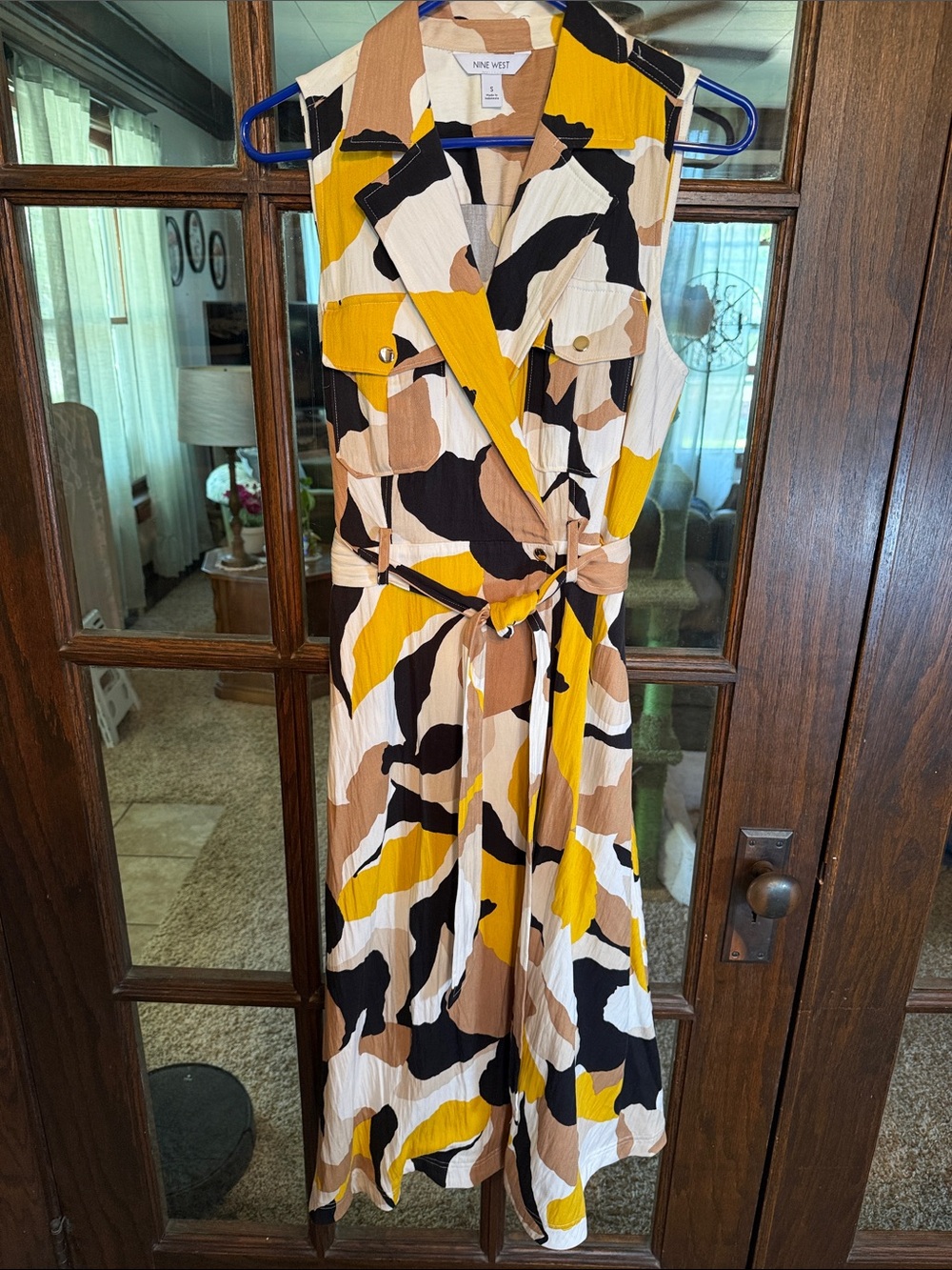 Nine West Abstract Print‎ Sleeveless Wrap Midi Shirt Dress Yellow Tan Black S
